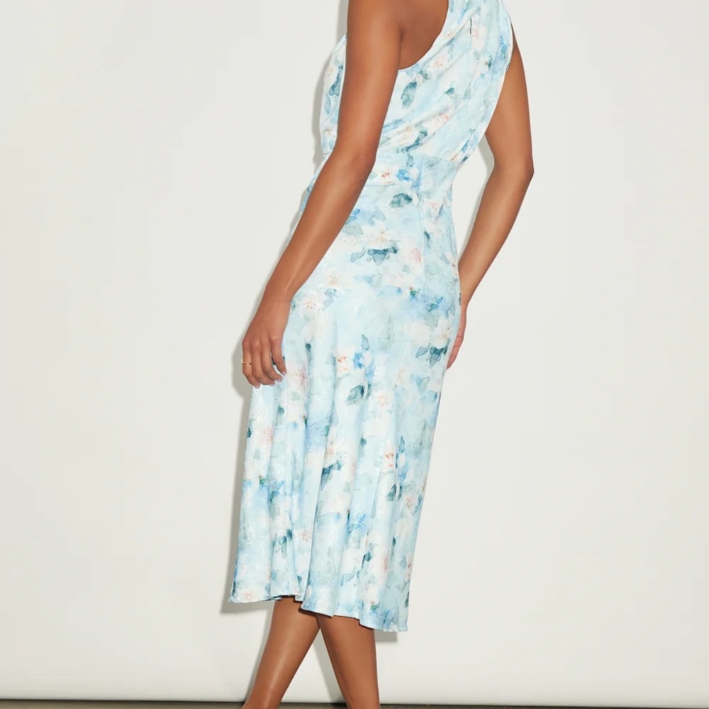 Lulus Distinctive Charm Blue Floral Satin Asymmetrical Midi Dress - Size L - Picture 4 of 5